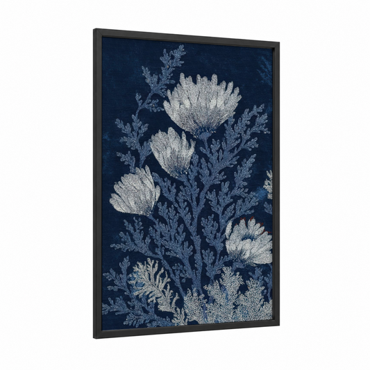 Midnight Anemones framed sea anemone print — black wood frame — dark blue and white palette