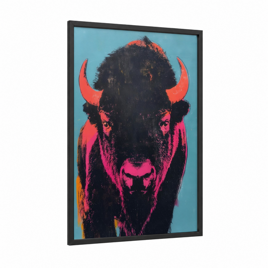 Neon Bison framed art print — black wood frame — magenta and blue palette