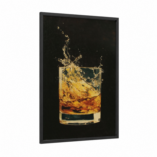 Golden Whiskey Splash framed art print — black wood frame — gold and black palette