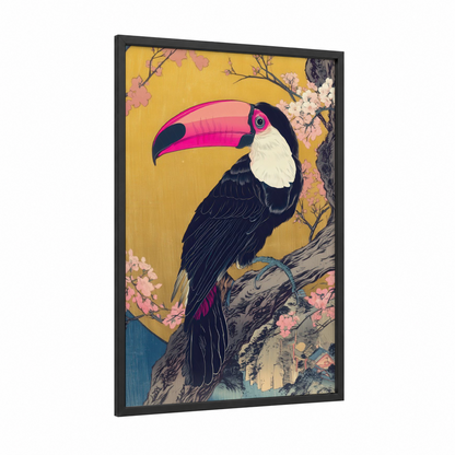 Magenta Toucan framed art print — black wood frame — gold and magenta palette