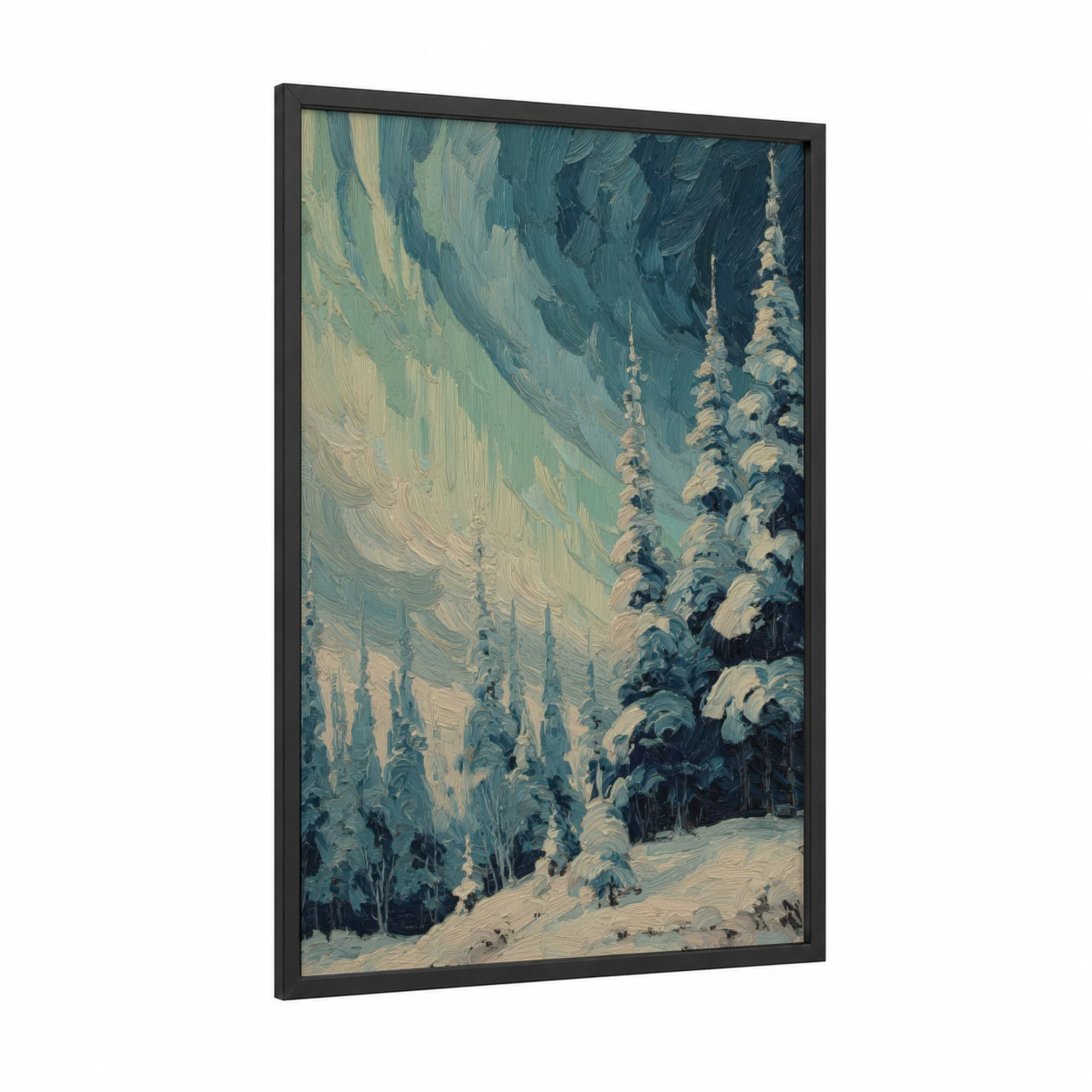 Aurora Forest framed northern lights print — black wood frame — teal and cream palette