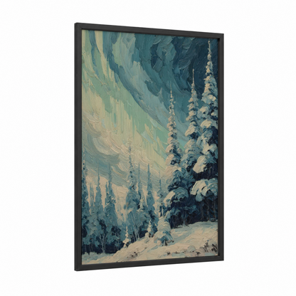 Aurora Forest framed northern lights print — black wood frame — teal and cream palette