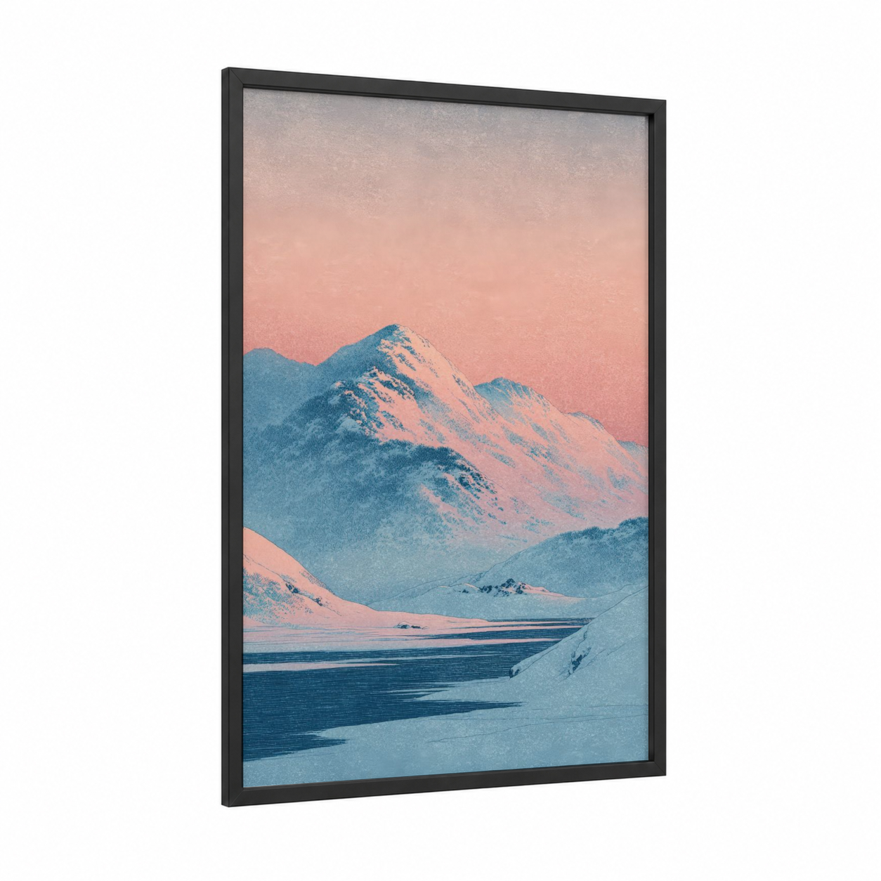Frozen Alpine Dusk framed glacier print — black wood frame — blue and peach palette