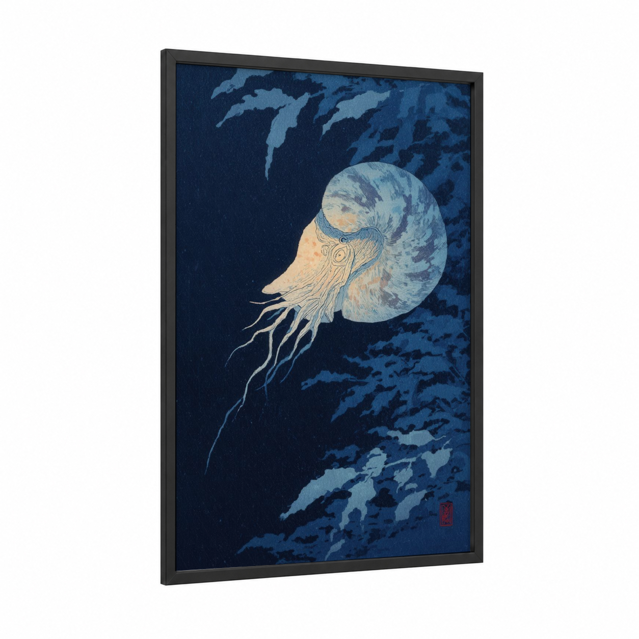 Midnight Nautilus framed art print — black wood frame — dark blue and cream palette