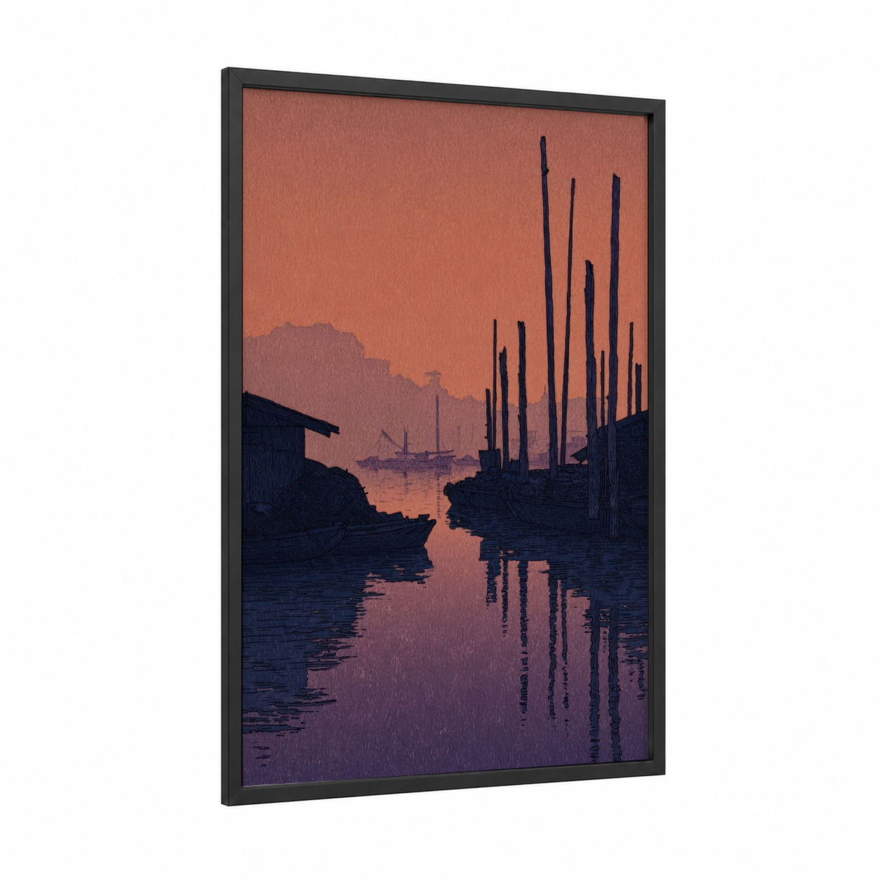 Crimson Dock Silhouette framed docks and piers print — black wood frame — russet palette