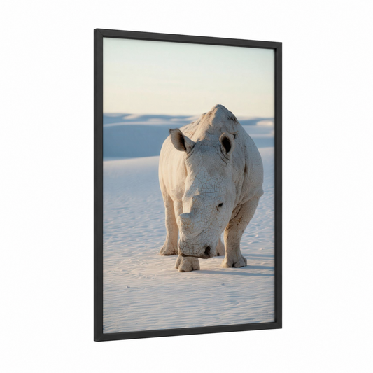 Arctic Rhino framed art print — black wood frame — white and gray and white palette