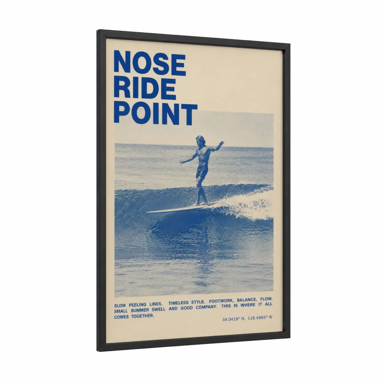 Vintage Nose Ride Surfing Wall Art framed art print — black wood frame — blue and beige palette