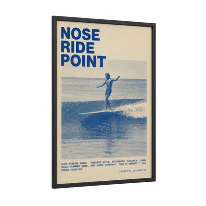 Vintage Nose Ride Surfing Wall Art framed art print — black wood frame — blue and beige palette
