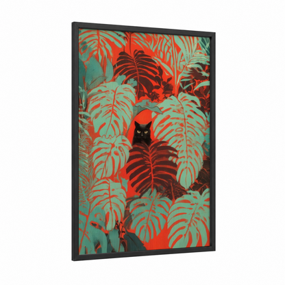 Black Cat in Jungle framed art print — black wood frame — teal and red palette
