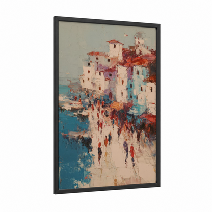 Coastal Gathering framed beach town print — black wood frame — blue and gold and orange palette