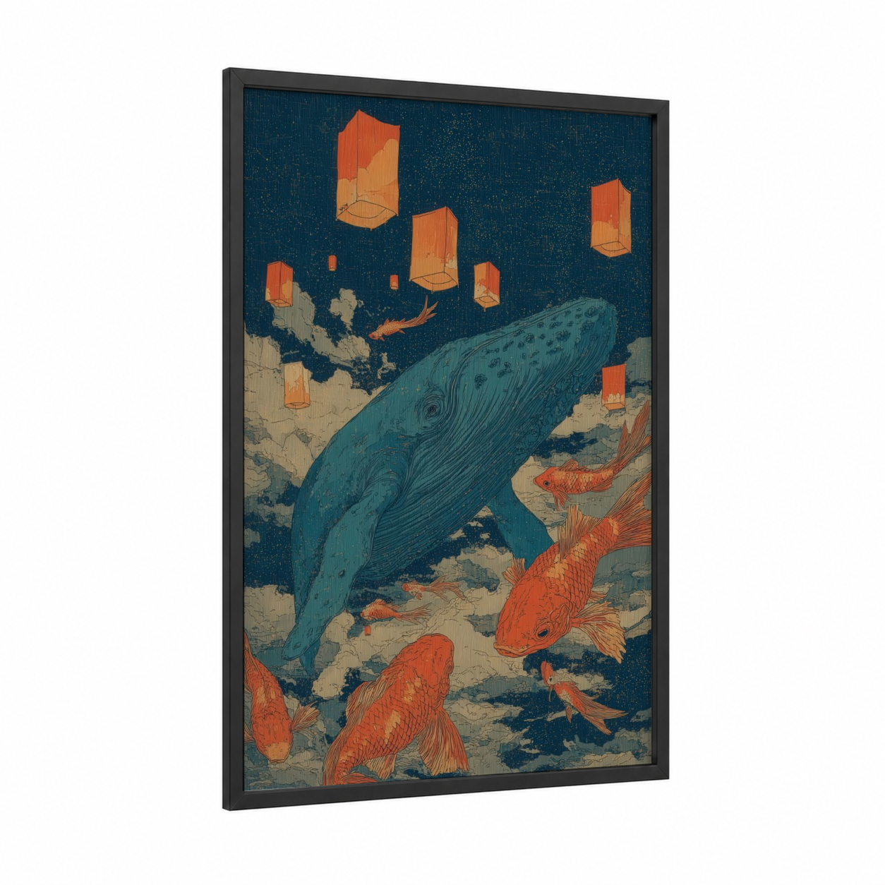 Celestial Whale Dream framed blue whale print — black wood frame — dark blue and orange palette
