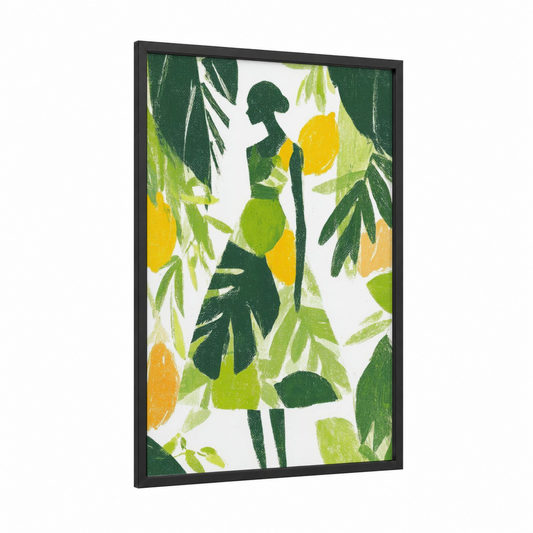 Lemon Garden Woman framed fashion illustration print — black wood frame — green and yellow gold palette