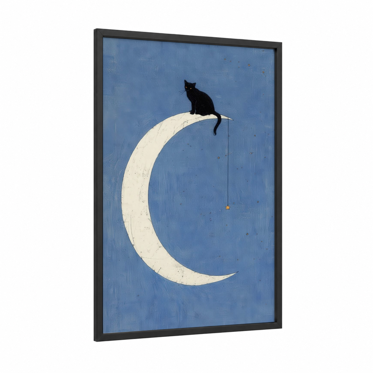 Moonlight Cat framed art print — black wood frame — blue and white palette