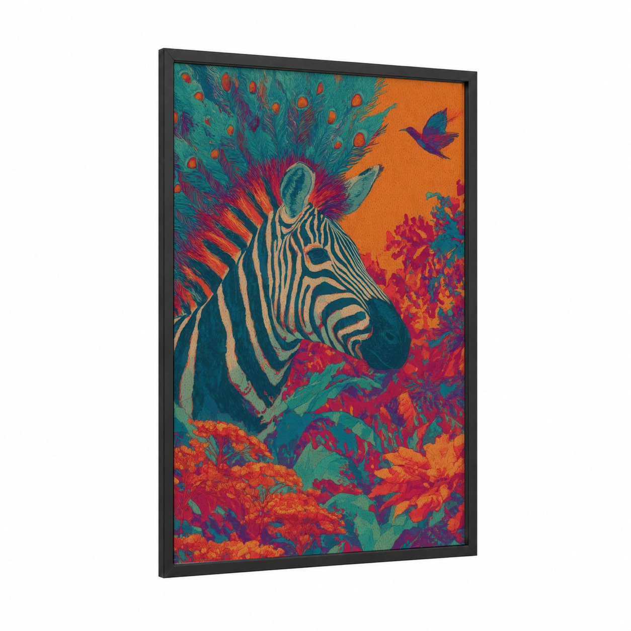 Fantastical Zebra Chimera framed art print — black wood frame — teal and orange palette