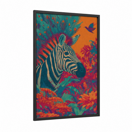 Fantastical Zebra Chimera framed art print — black wood frame — teal and orange palette