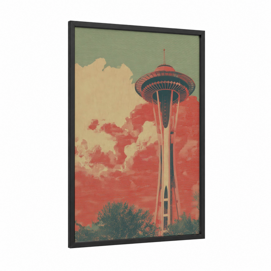 Vintage Seattle Needle framed space needle (seattle) print — black wood frame — red and sage green palette