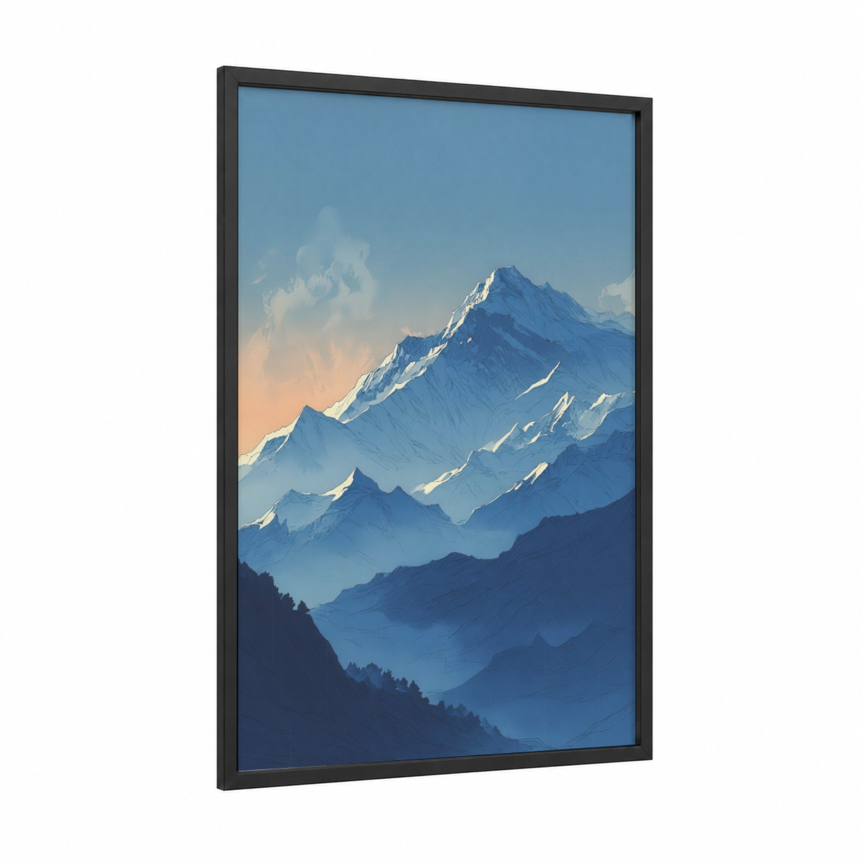 Alpine Everest Dawn framed mount everest print — black wood frame — blue and gold palette