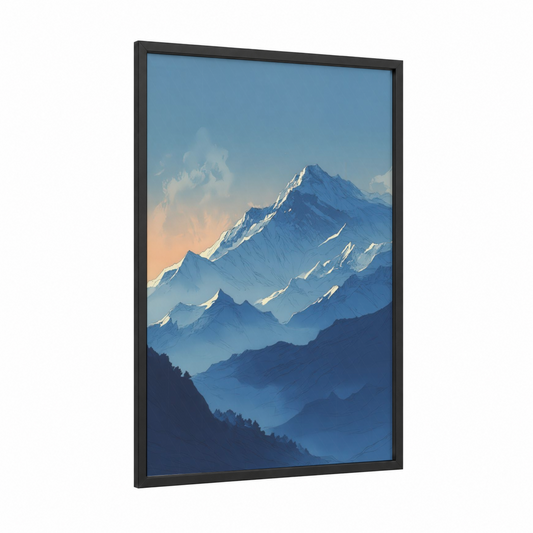 Alpine Everest Dawn framed mount everest print — black wood frame — blue and gold palette