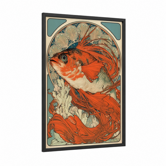 Crimson Dragon Fish framed art print — black wood frame — red and teal palette