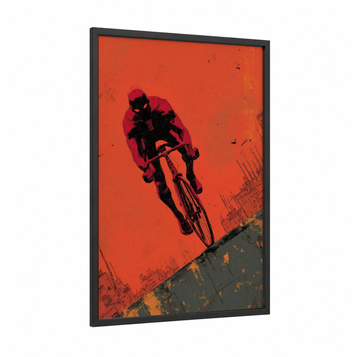 Urban Cyclist framed urban bicycle print — black wood frame — red and black palette