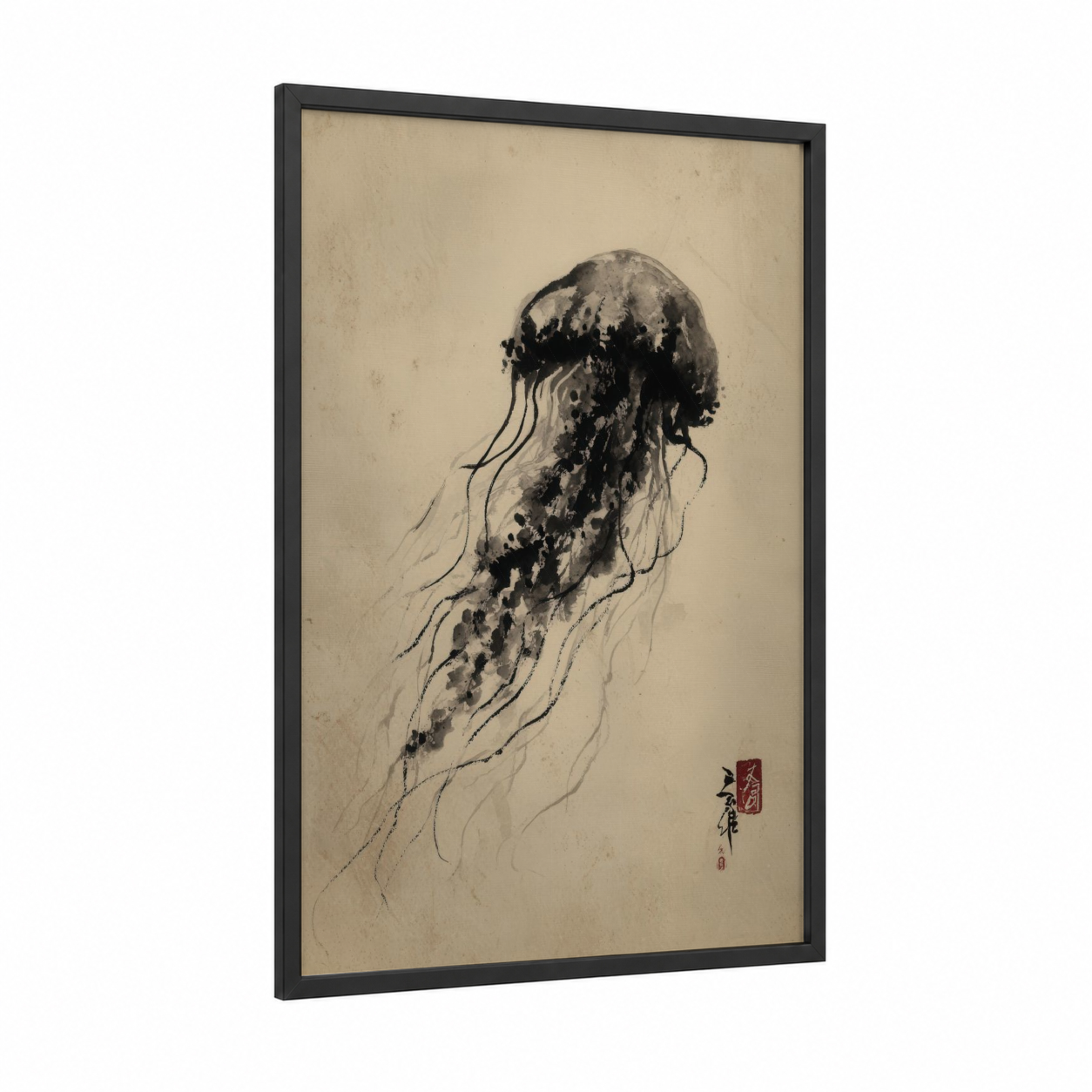 Ethereal Jellyfish framed art print — black wood frame — black and white and cream palette