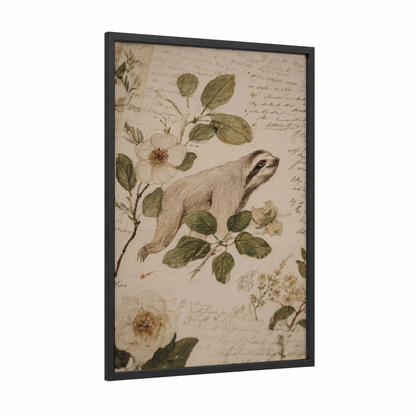Botanical Sloth framed art print — black wood frame — beige and sage green palette
