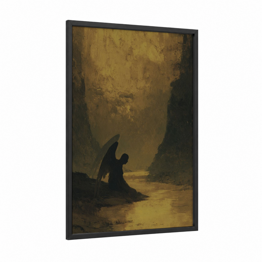Fallen Angel framed dark fantasy print — black wood frame — gold and black palette