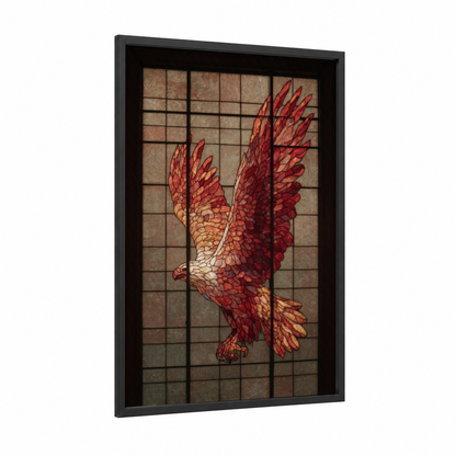Crimson Griffin framed art print — black wood frame — red and gold palette