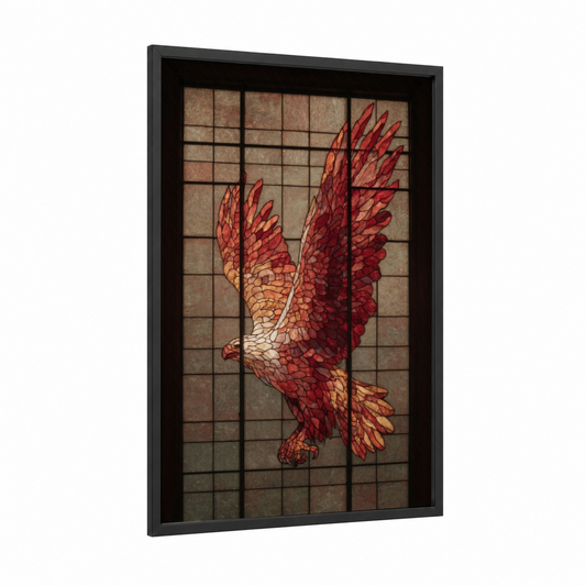 Crimson Griffin framed art print — black wood frame — red and gold palette