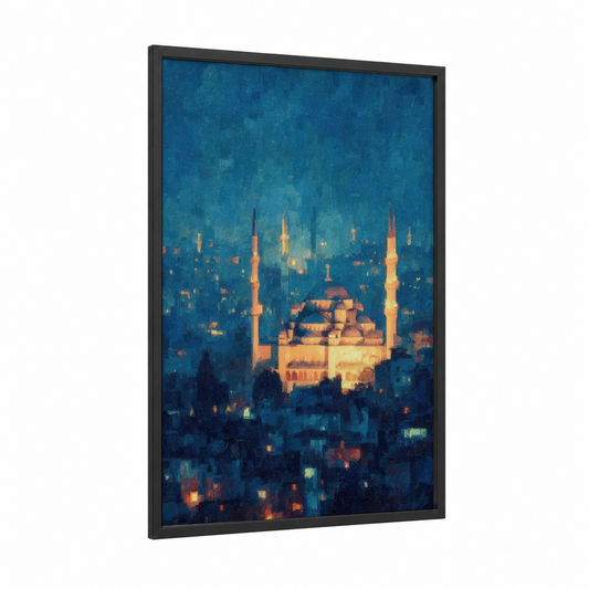 Twilight Mosque framed art print — black wood frame — blue and gold palette