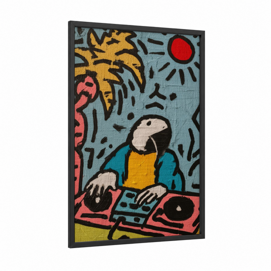 DJ Macaw framed art print — black wood frame — blue and yellow gold palette