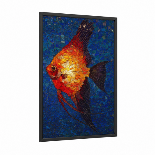 Crimson Angel Fish framed art print — black wood frame — red and blue palette