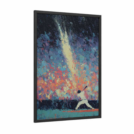 Vibrant Baseball Swing framed art print — black wood frame — turquoise and gold palette