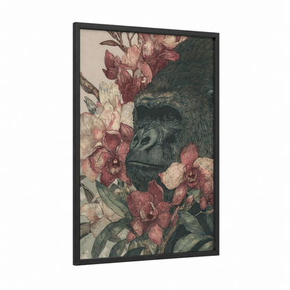 Orchid Gorilla framed art print — black wood frame — rose gold and cream palette