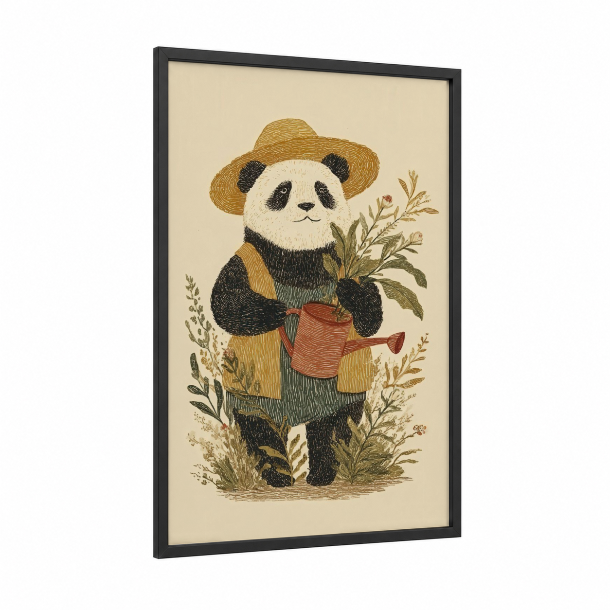 Gardening Panda framed art print — black wood frame — cream and sage green palette