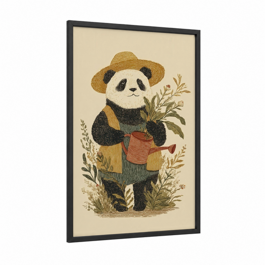 Gardening Panda framed art print — black wood frame — cream and sage green palette