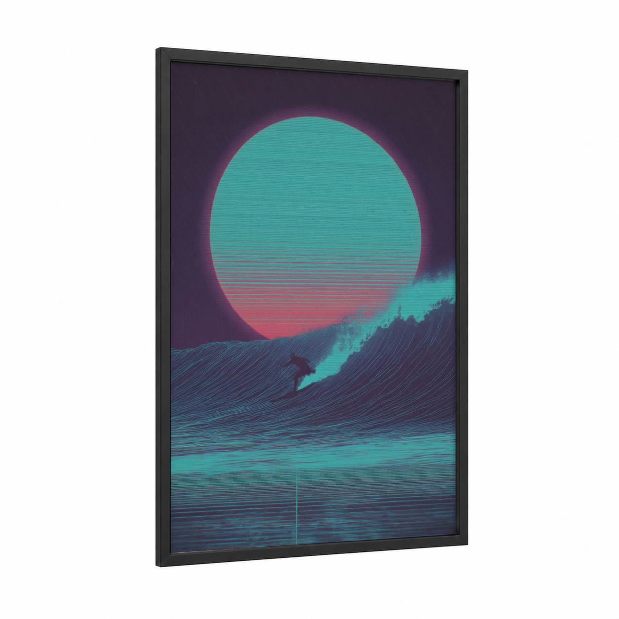 Neon Wave Rider framed surfing print — black wood frame — turquoise and magenta palette