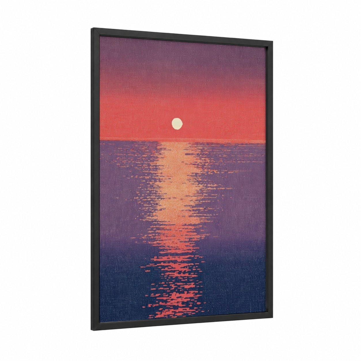 Crimson Sunset Reflection framed the sun print — black wood frame — magenta and gold palette