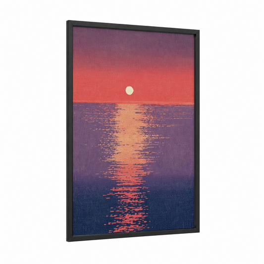 Crimson Sunset Reflection framed the sun print — black wood frame — magenta and gold palette
