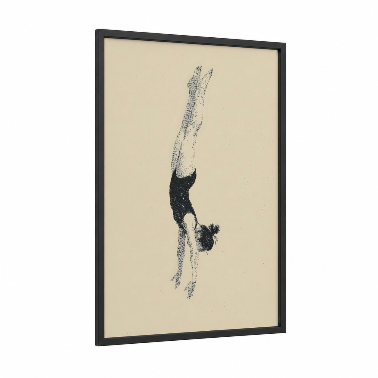 Inverted Gymnast framed gymnastics print — black wood frame — cream and black palette