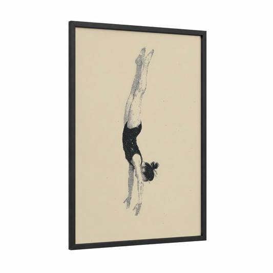 Inverted Gymnast framed gymnastics print — black wood frame — cream and black palette