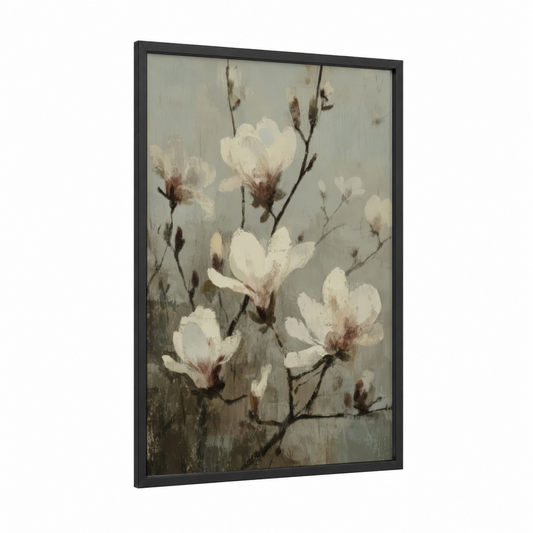 Serene Magnolia framed art print — black wood frame — gray and cream palette