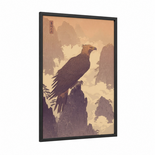 Mountain Griffin framed art print — black wood frame — gold and cream palette