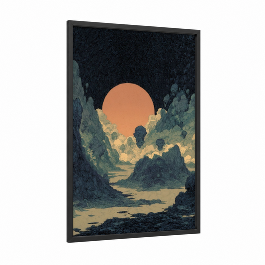 Crimson Canyon Gateway framed dark fantasy print — black wood frame — peach and sage green palette