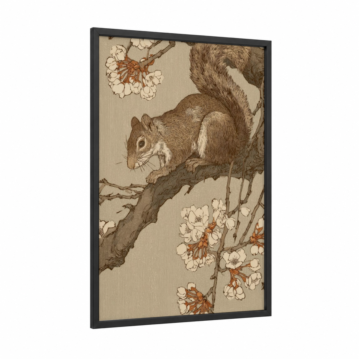 Blossoming Squirrel framed art print — black wood frame — beige and russet palette