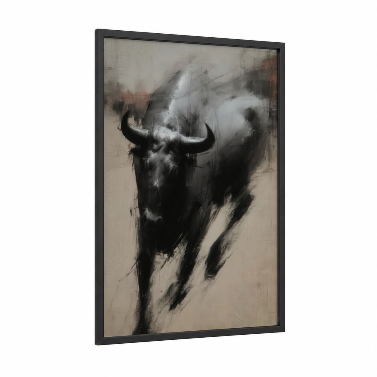 Charging Bull framed art print — black wood frame — black and white and gray palette