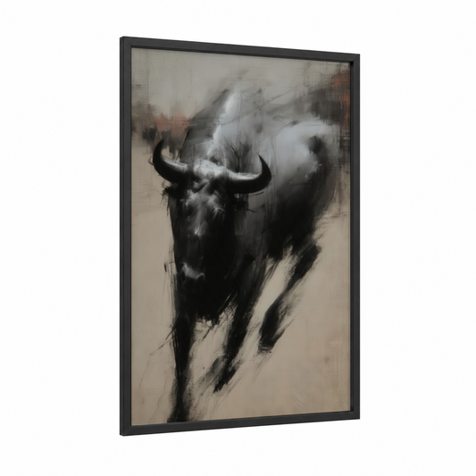 Charging Bull framed art print — black wood frame — black and white and gray palette