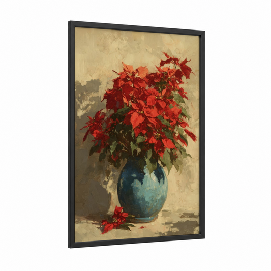 Crimson Poinsettias framed art print — black wood frame — red and teal palette