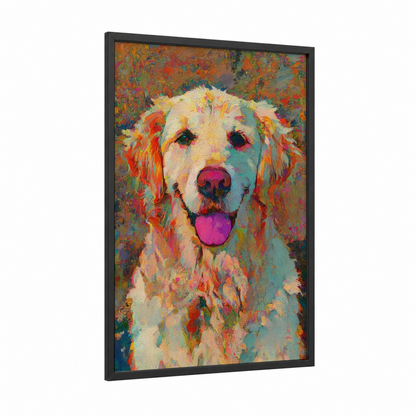 Happy Retriever Portrait framed art print — black wood frame — orange and gold palette
