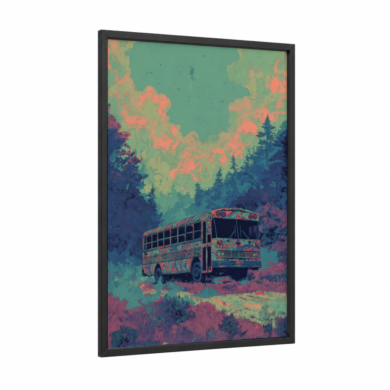 Psychedelic Forest Truck framed art print — black wood frame — teal and salmon pink palette